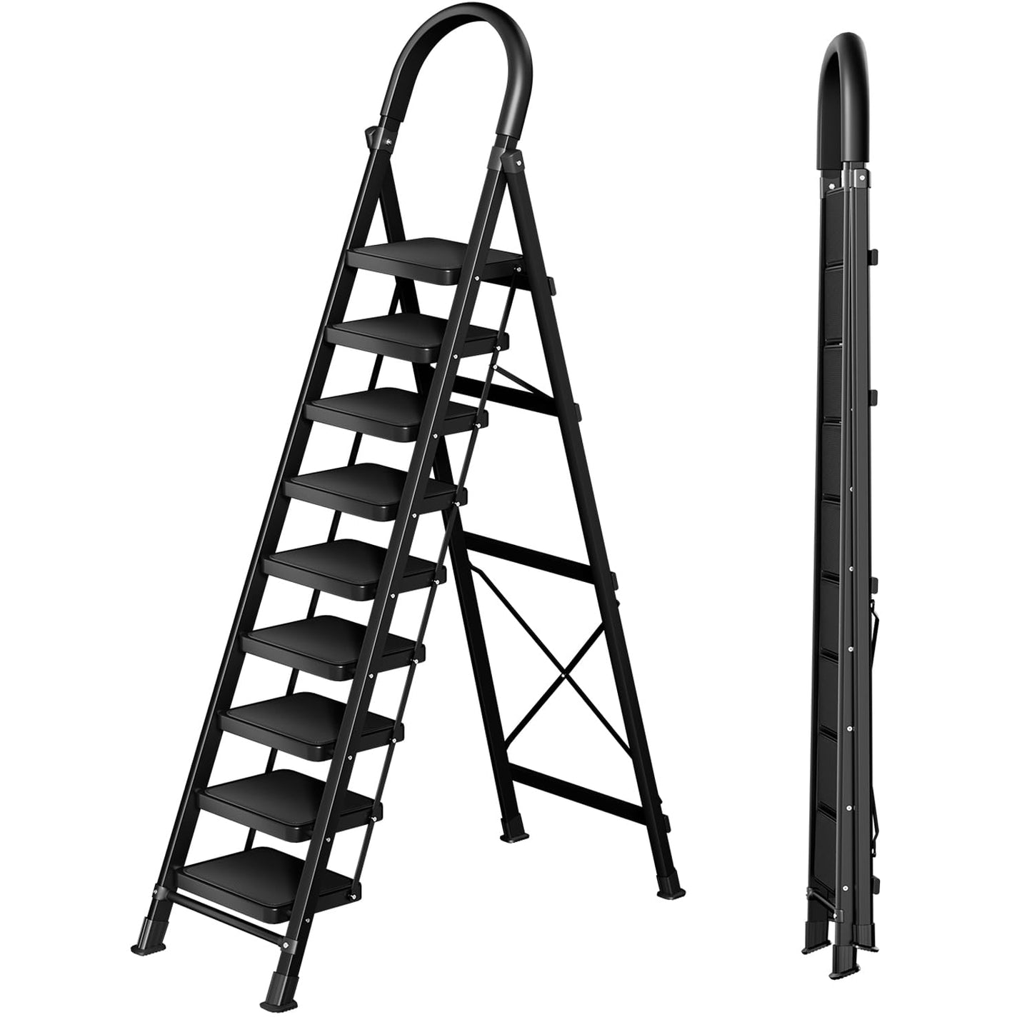 9 Step Folding Ladder,Portable Sturdy Carbon Steel Ladder for Home & Kitchen Use,Heavy - Duty Step Stool with Anti - Slip Pedal and Handrails,Black