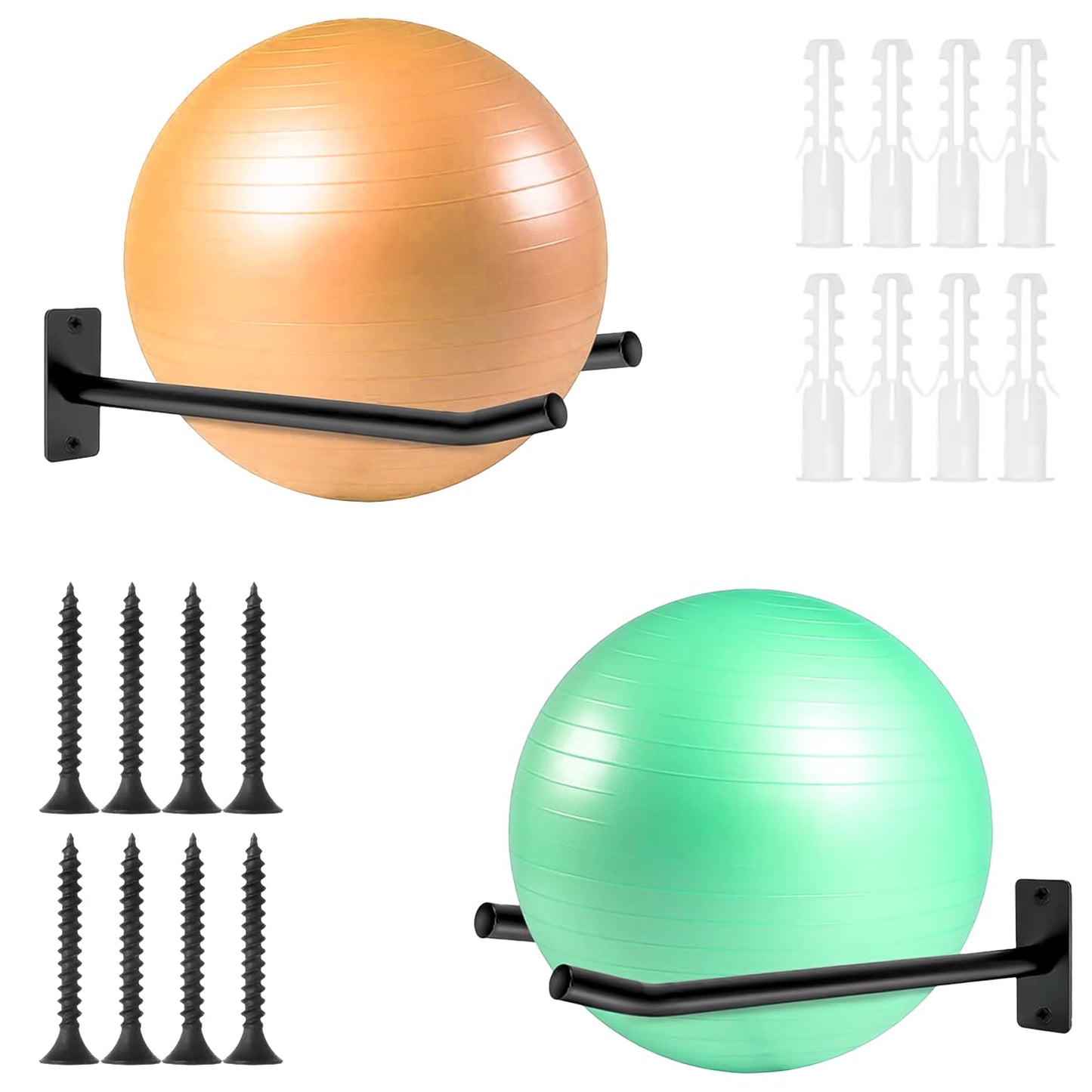 svteli Wall Mount Exercise Ball Holder, Metal Yoga Ball Holder, Heavy Duty Medicine Ball Rack, Stability Ball Storage Rack for Gym, Garage, Home, 2 Pack