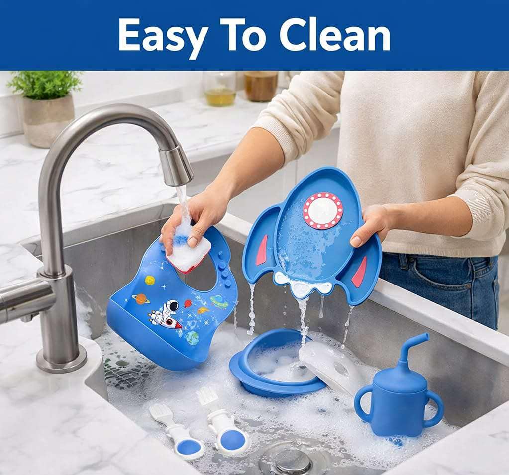 8 PCS Silicone Baby Feeding Set, Astronaut Theme, Spoons, Fork, Silicone Bibs, Baby Sippy Cups, Plate Bowl Set Baby Eating Essentials Led Weaning Toddler (Blue)