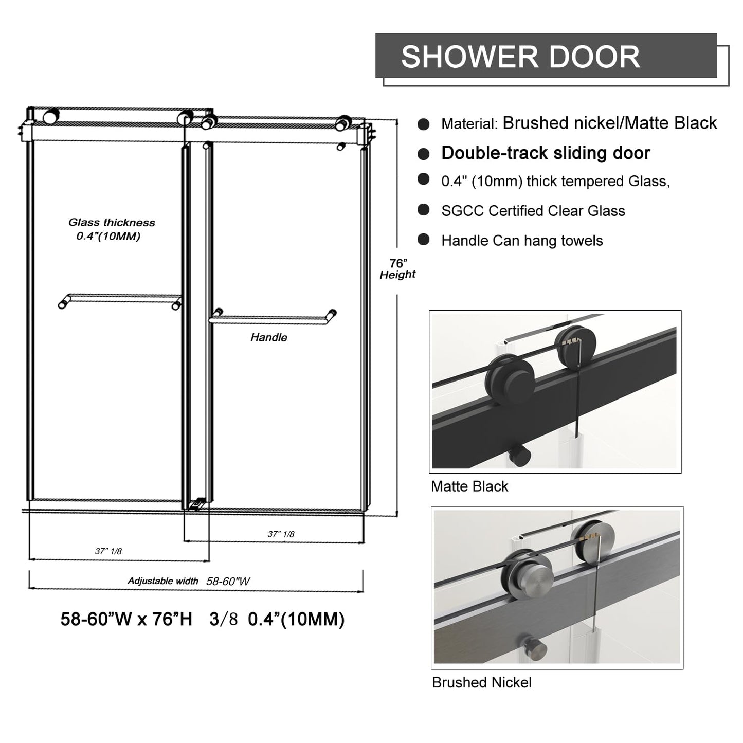 56-60" W x 76" H Frameless Sliding Shower Door, Double Sliding Glass Shower Door with Buffer 3/8"(10MM) Clear SGCC Tempered Glass, Explosion-Proof Film, Roller Disk System, Rust-Resistant.