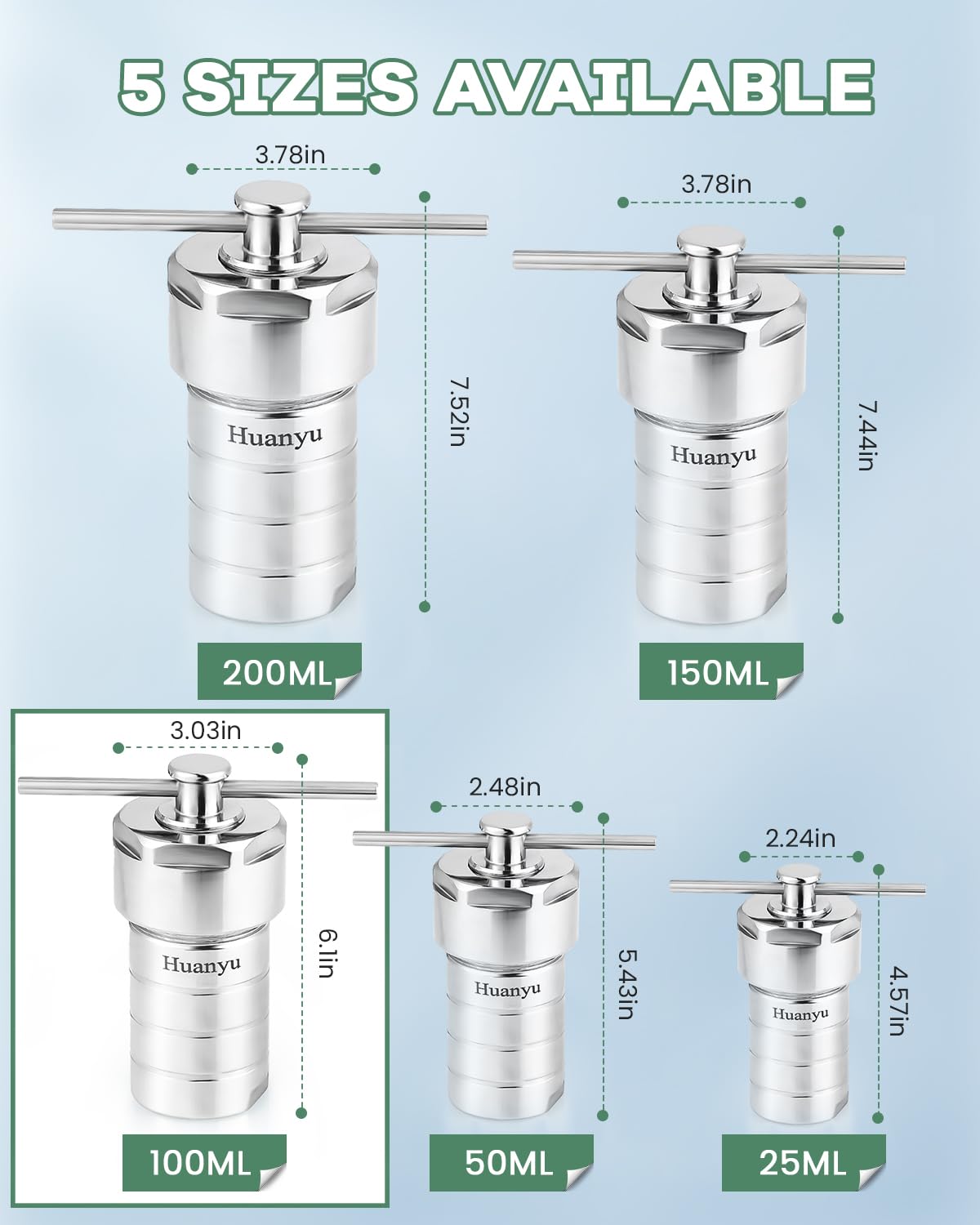 Huanyu 100ml PTFE Lined Hydrothermal Synthesis Autoclave Reactor 200℃ 4Mpa PTFE Lining Corrosion Resistance Hydrothermal Autoclave Reactor 304 Stainless Steel Shell for Lab Hydrothermal Process 100ml