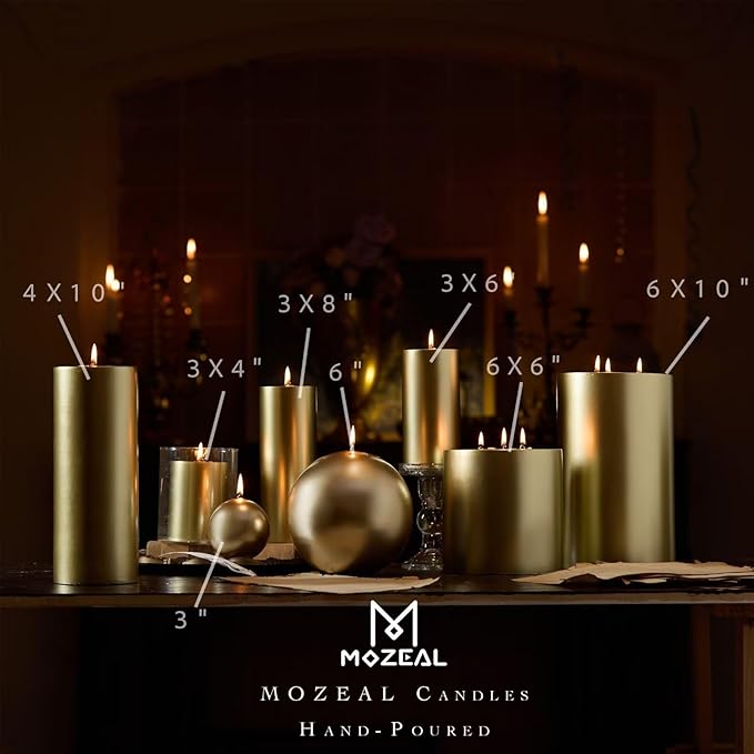 MOZEAL 3" x 8" Hand-Poured Unscented Large Candle,Smokeless Rustic Pillar Candle Set of 2,Slow Burn,No Drip,Approx 150 Hours Burning,Wedding,Dinner,Christmas and Home Decorative,Tall Gold Candle