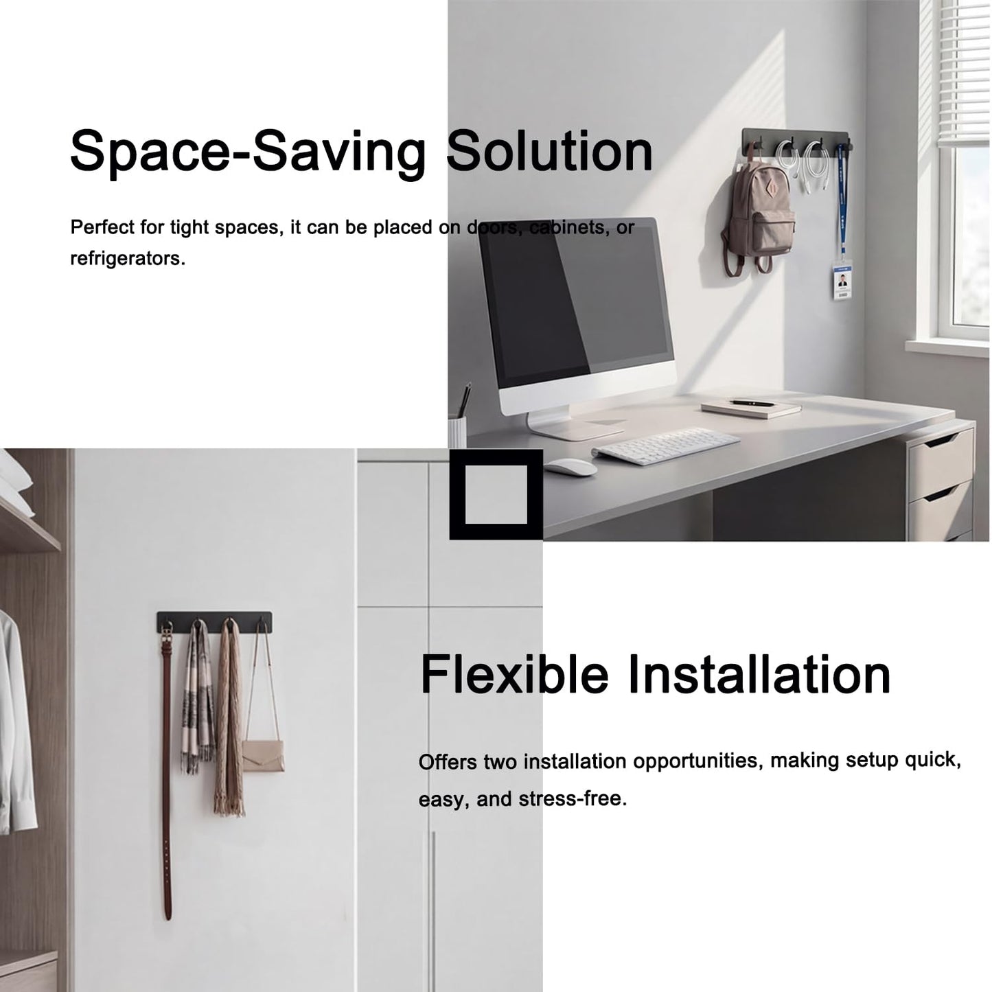 StrugDeas Key Holder for Wall with 2 Self-Adhesive Tapes， Key Hanger Organizer for Wall with 4 Hooks，Metal Key Rack for Door, Entryway, Kitchen Bathroom(Black)