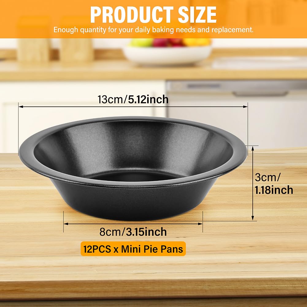 Loyanger 12 Pcs Mini Pie Pans,5 Inch NonStick Individual Dish Pie Plate Reusable Round Tins Small Bakeware for Baking Pot Pies, Cakes, Quiches, Tarts, Desserts(COLOR:Black)