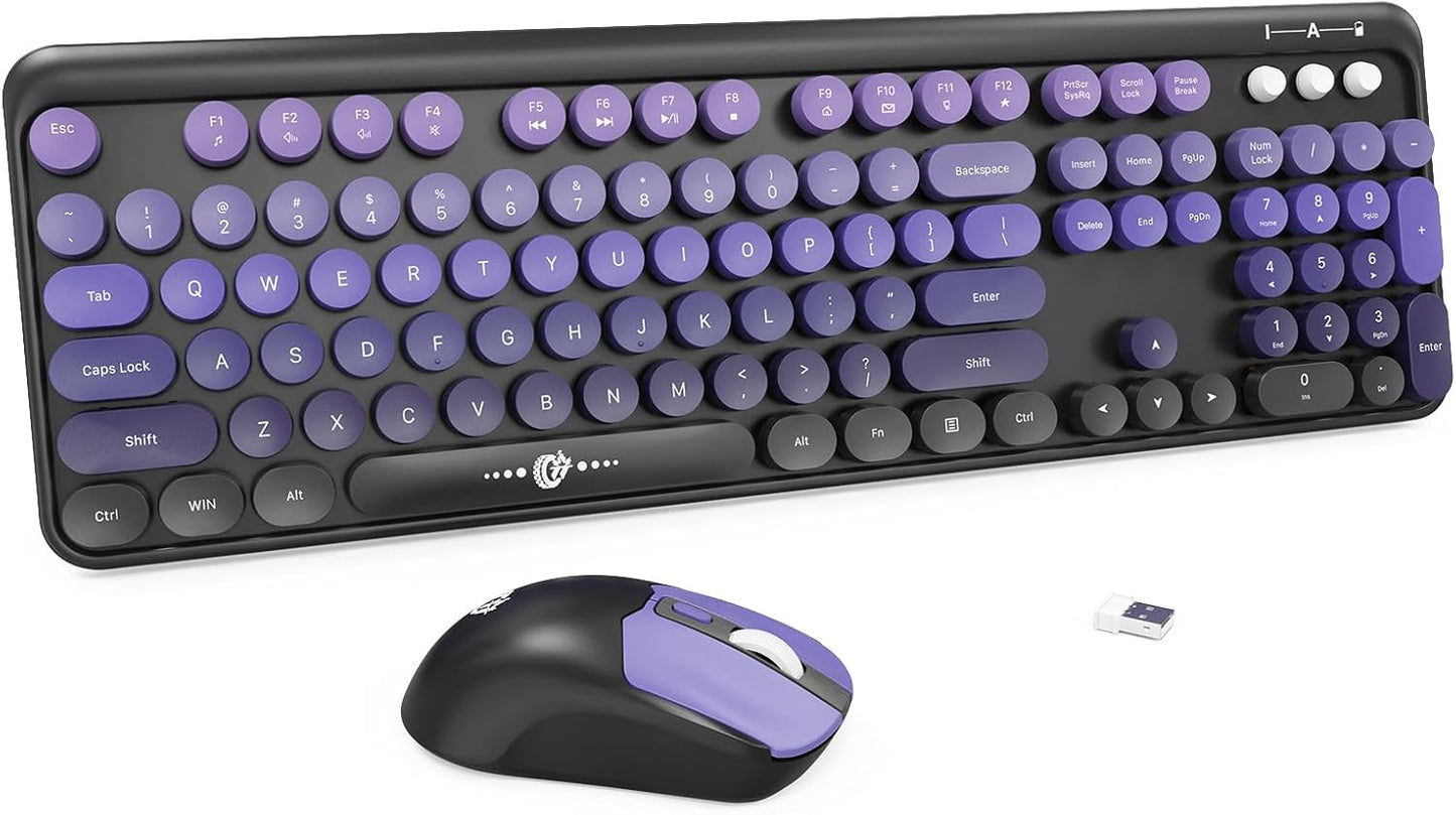 FOPETT 2.4G 104 Wireless Keyboard and Mouse Combo - Full-Sized Cute Colorful Mouse and Keyboard with Round Keys Retro