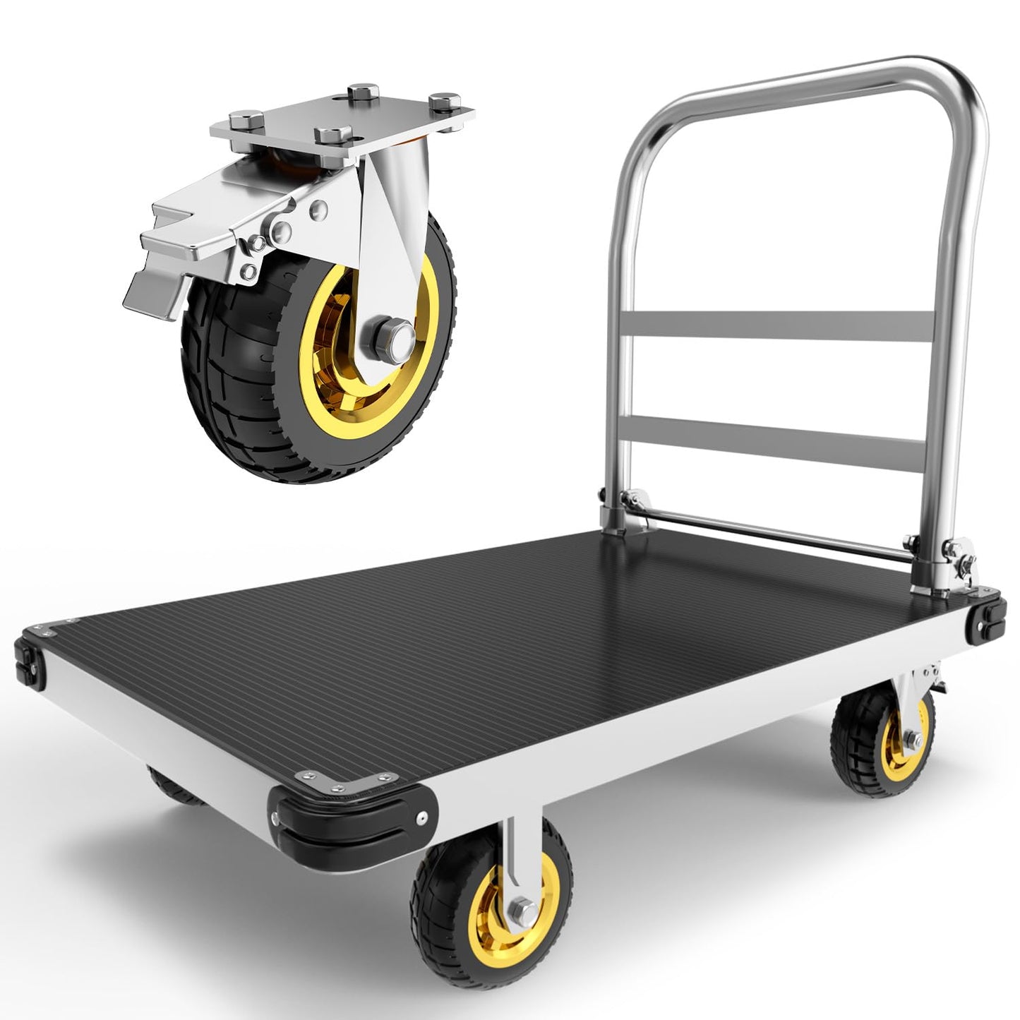 PHEXOD Extra Large Platform Truck Cart, 44 x 28 Heavy Duty Push Cart Dolly 2500 LBS Capacity, Flat Cart with Non-Slip Mat and 6" Swivel Brake Wheels