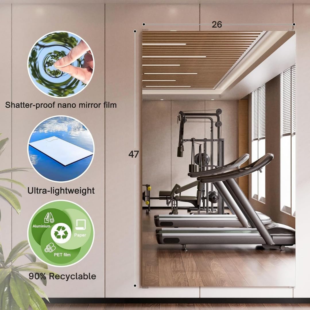 Fitcleer 47”x26” Full Body Gym Mirror 2-Pack, Glassless Frameless Mirrors for Wall, Shatterproof Home Gym Decor, Garage Workout Studio Mirror with Easy Install Kit, 4 lbs Lightweight