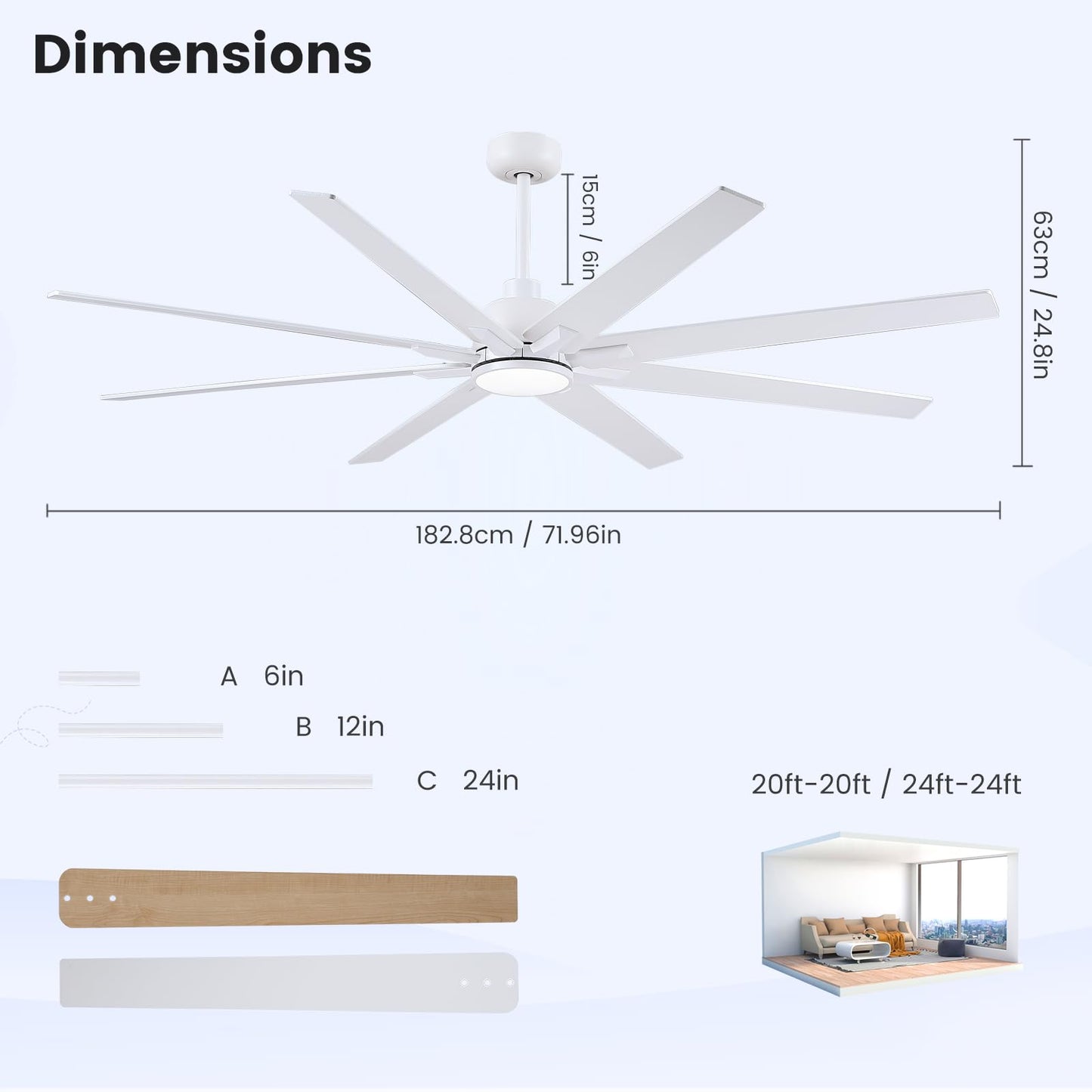 Newday 72 inch Large Ceiling Fans with Lights and Remote, Indoor/Outdoor White Ceiling Fan for Living Room Patio, 6 Speeds Silent Reversible DC Motor, 3CCT, Timer, 3 Downrods, 8 Blades
