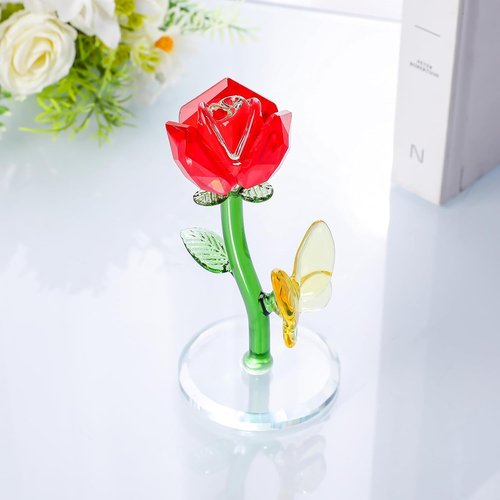 LONGWIN Crystal Red Rose Flower Figurine - Elegant Glass Spring Bouquet Home Decor Gift for Her