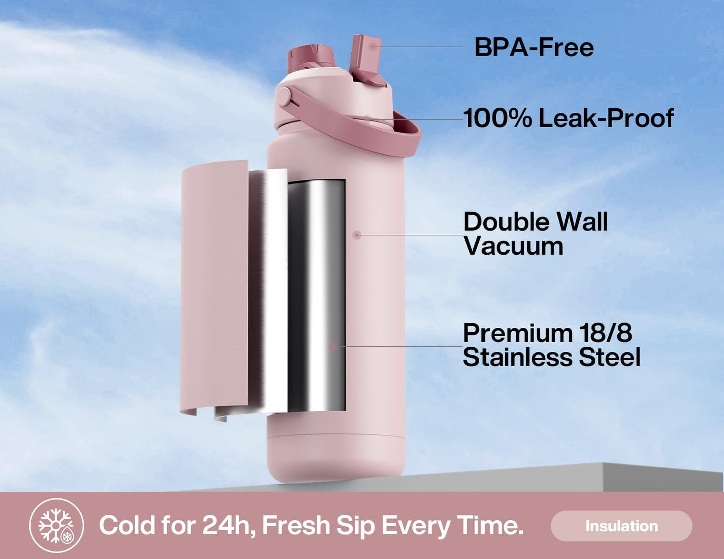 POWCAN 32 oz Insulated Water Bottle - 2-in-1 Straw & Spout Lid, Leak-Proof, BPA-Free | Dried Rose