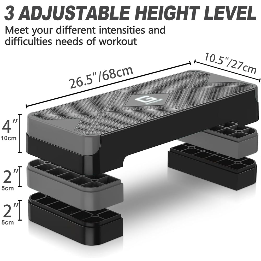 GYMMAGE Aerobic Exercise Step, Adjustable Aerobic Stepper for Exercise, Workout Step Platform for Step Up, 26.5" Step Deck with 4” 6” 8” Adjustable Height Risers, Women Home Gym Cardio Fitness