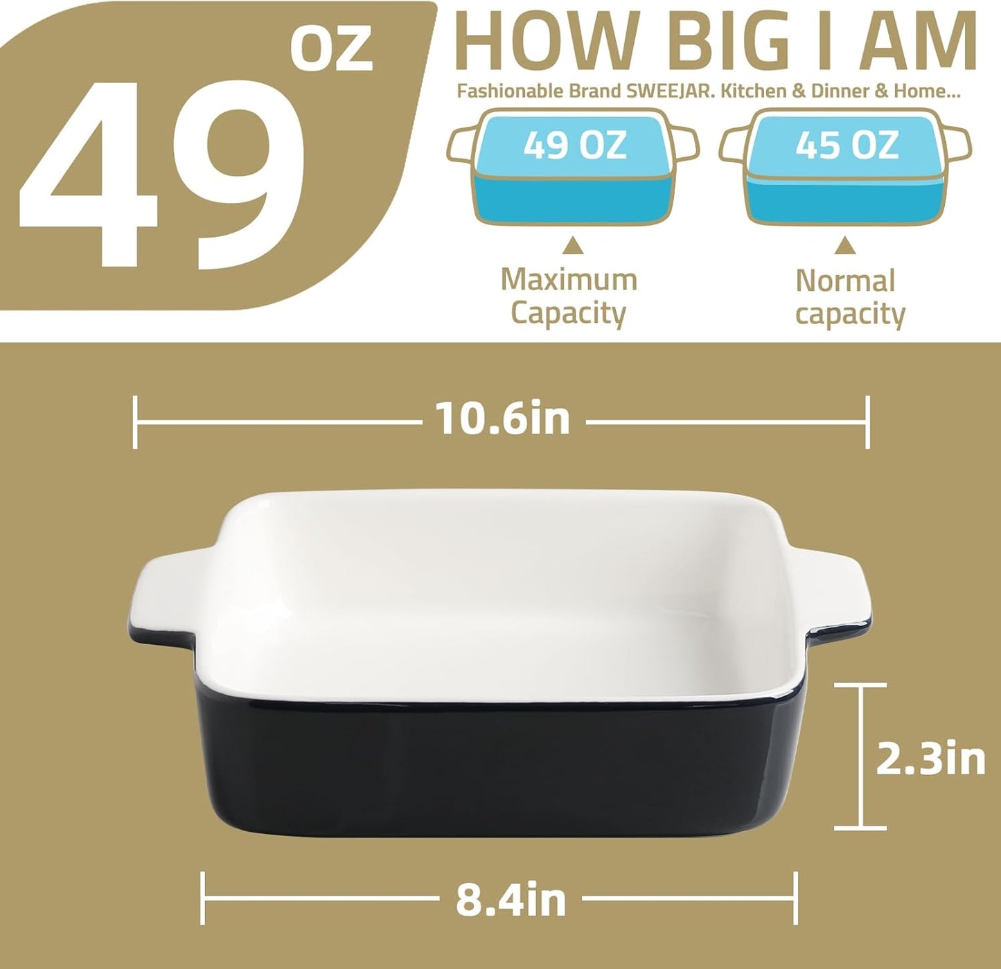 Sweejar Ceramic Baking Dish - 8 x 8 Square Bakeware with Double Handles for Casserole & Lasagna | Navy