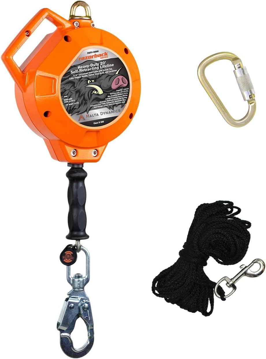 Malta Dynamics Razorback Heavy-Duty Self Retracting Lifeline, Quick-Action Braking System, Galvanized YoYo Cable, Fall Protection Retractable Safety Harness Lanyard - OSHA/ANSI Compliant (30 Foot)