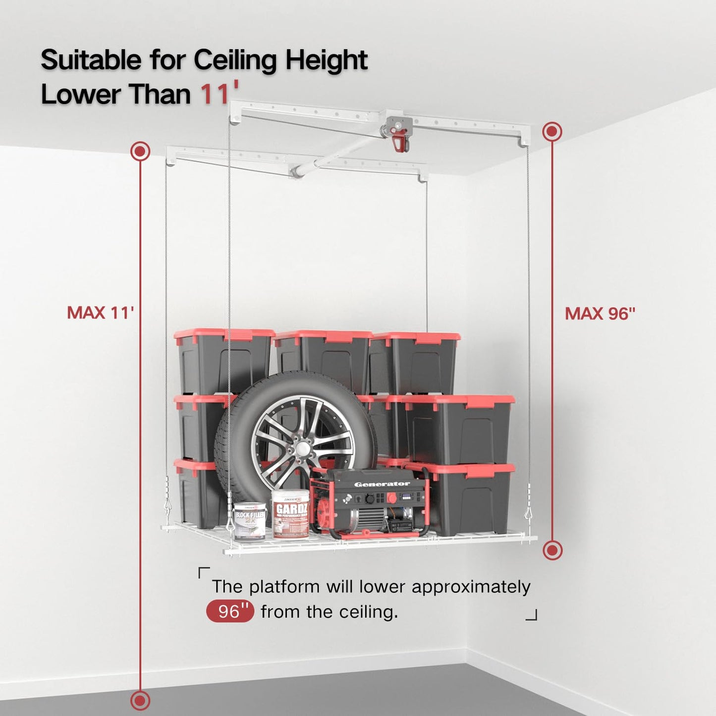 KOKORACKER Overhead Garage Storage Rack, Adjustable Heavy-duty 4x4 Ft Ceiling Storage Racks with Safety Lock, Ideal for Garage Storage Lifting Organization System, 250lbs Capacity, White