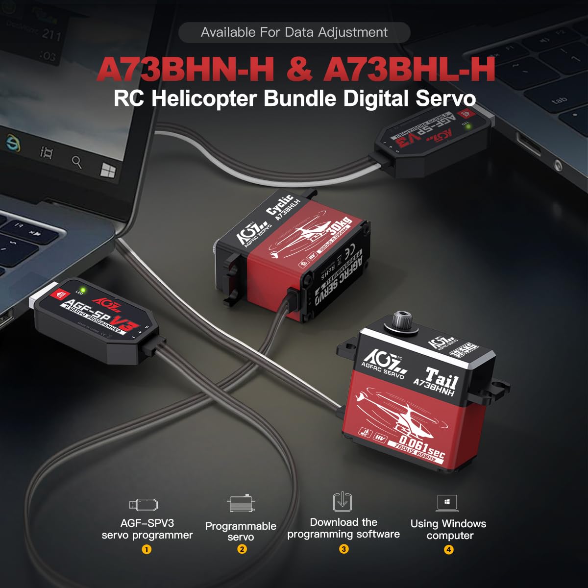 AGFRC RC Helicopter Servo Set - 0.061Sec Tail & 30KG Swashplate Brushless Metal Gear Servos for 450-700 Class Helicopter(A73BHN-H & A73BHL-H)