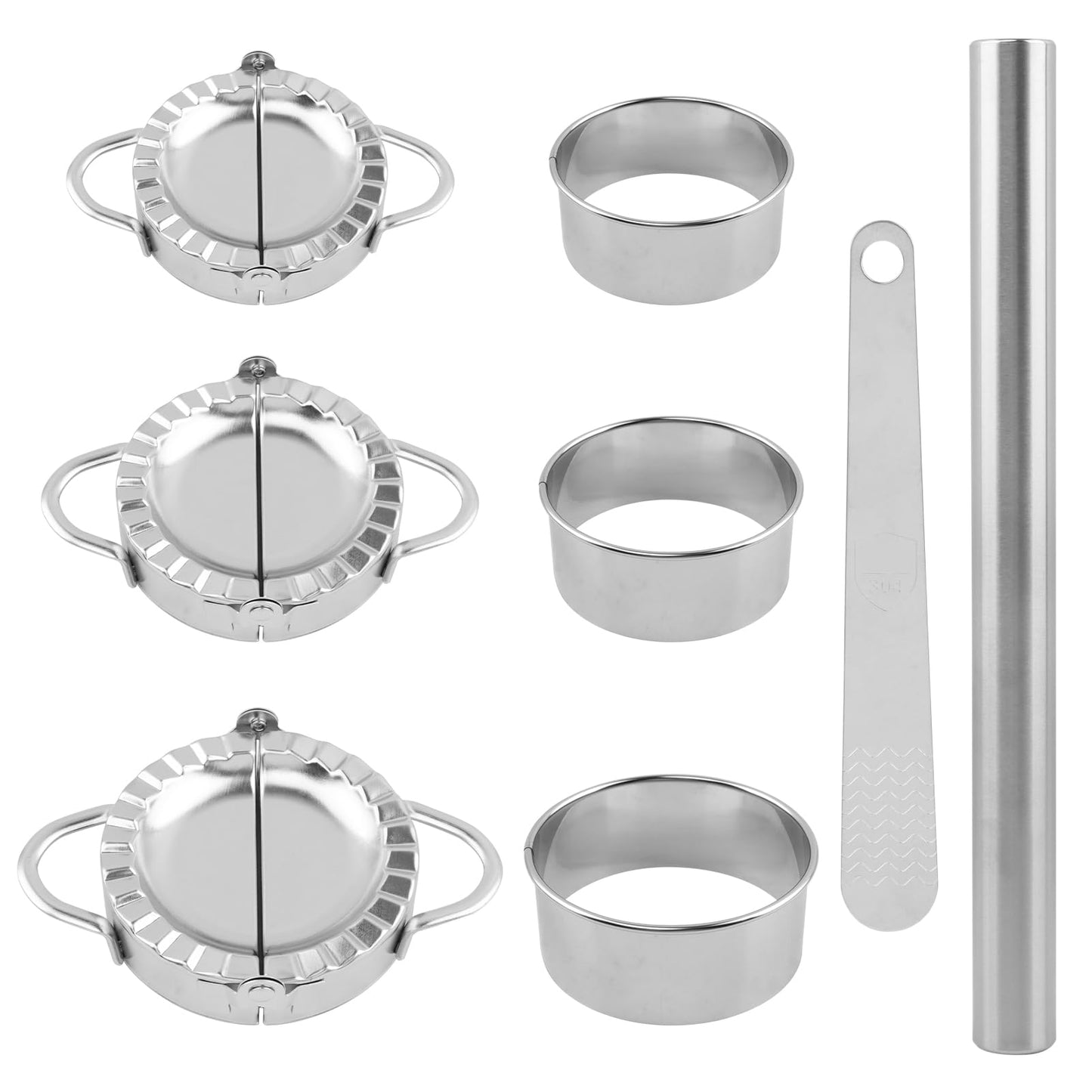 Zorivane 8Pcs Dumpling Maker Set, Stainless Steel Empanada Maker Press with Rolling Pin and Stuffing Scoop, Dough Cutter Dumpling Mold for Ravioli Pierogi Calzone, 3 Sizes