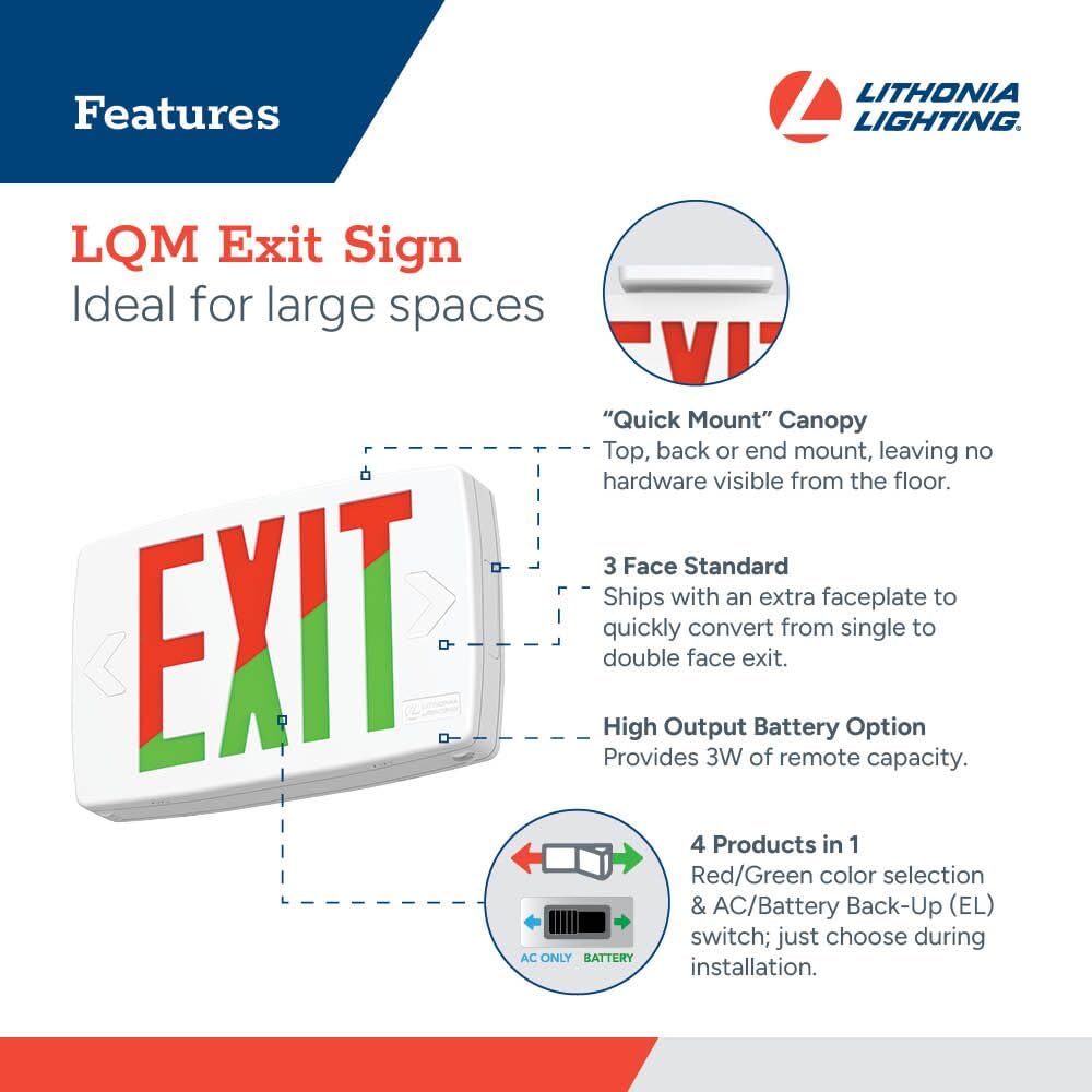 Lithonia Lighting Quantum LED Exit Sign, Dual Sided Emergency Exit Sign, Selectable Red and Green Colors, Pop-Out Chevrons, AC or Battery Backup, High Output Battery, White (LQM S W RG MVOLT EL HO M6)