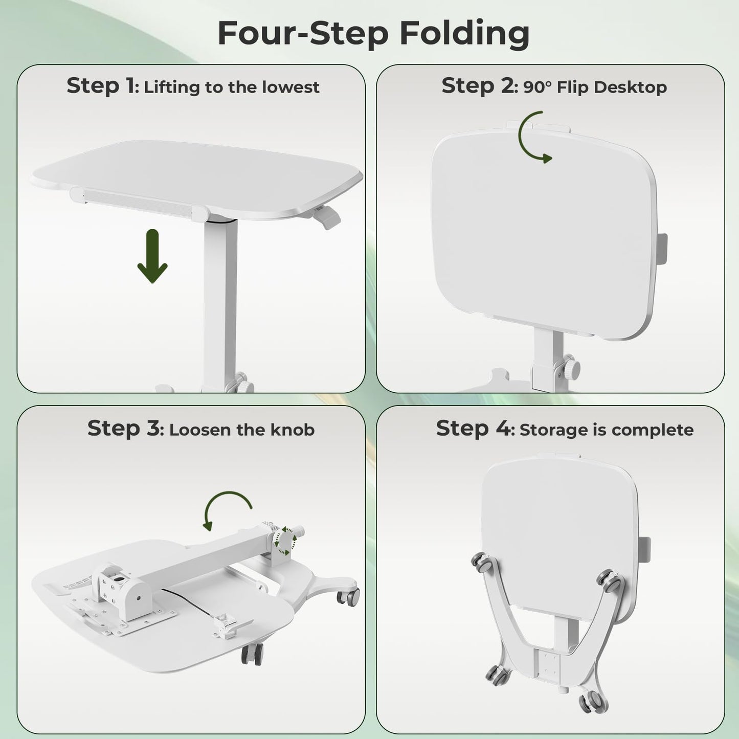 JYLH JOYSEEKER Foldable Mobile Standing Desk, 27"×21" Portable Rolling Laptop Cart with 90° Tiltable Board, Height Adjustable Workstation with Wheels, Folding Table for Home Office, White