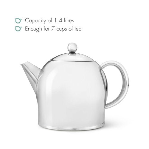 bredemeijer Santhee Double Walled Teapot, 1.4-Liter Stainless Steel Glossy Finish with Glossy Accents