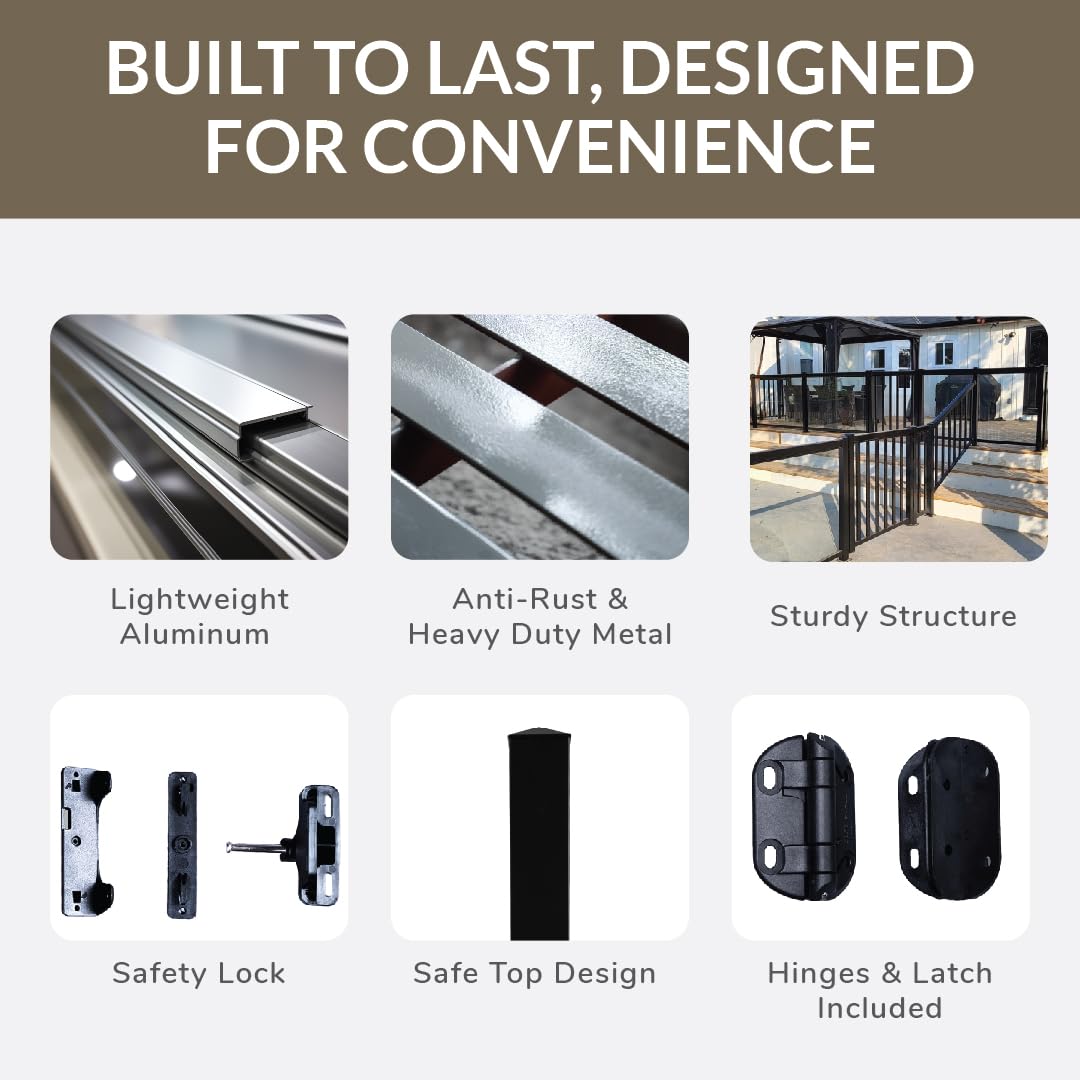 Gate Kit (3/4" pickets, White) Aluminum Deck Gate Kit - Build-to-Fit Hardware-Mounted Gate for Deck/Patio – Fits Openings Up to 48" Wide – Hinges & Latch Included (42" H)