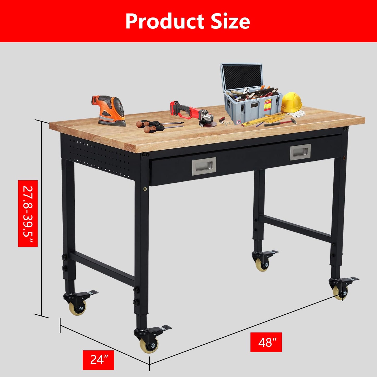 ACONEE 48" Adjustable Workbench, Heavy Duty Workstation 2000 LB Load Capacity, Rubber Wood Top Workstation with Drawer & 4 Rolling Casters, Power Outlets, Metal Frame, Workbench for Workshop Garage