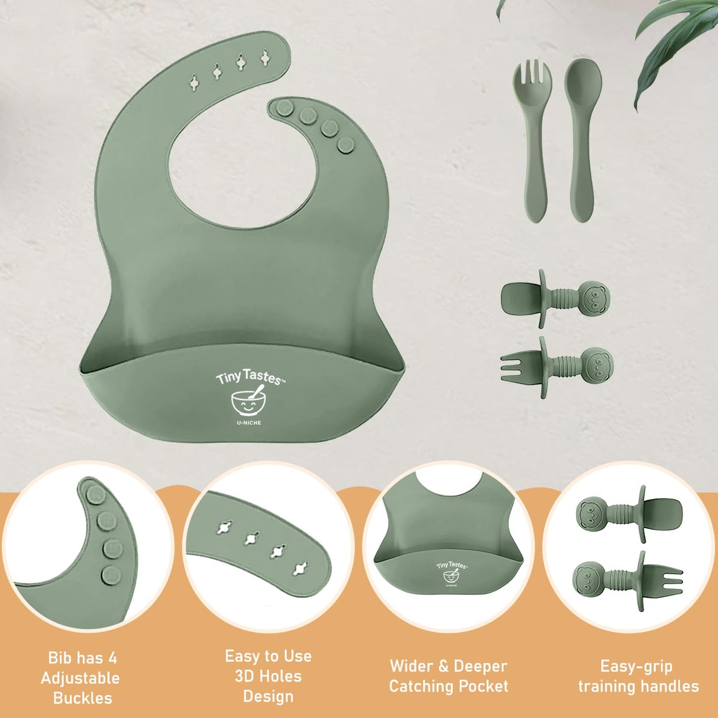 Tiny Tastes 10-Piece Silicone Baby Feeding Set – BPA-Free, Spill-Proof Suction Plate, Bowl, Bib, Snack Cup & Utensils | Dishwasher Safe, Baby Gift Ready (Green)