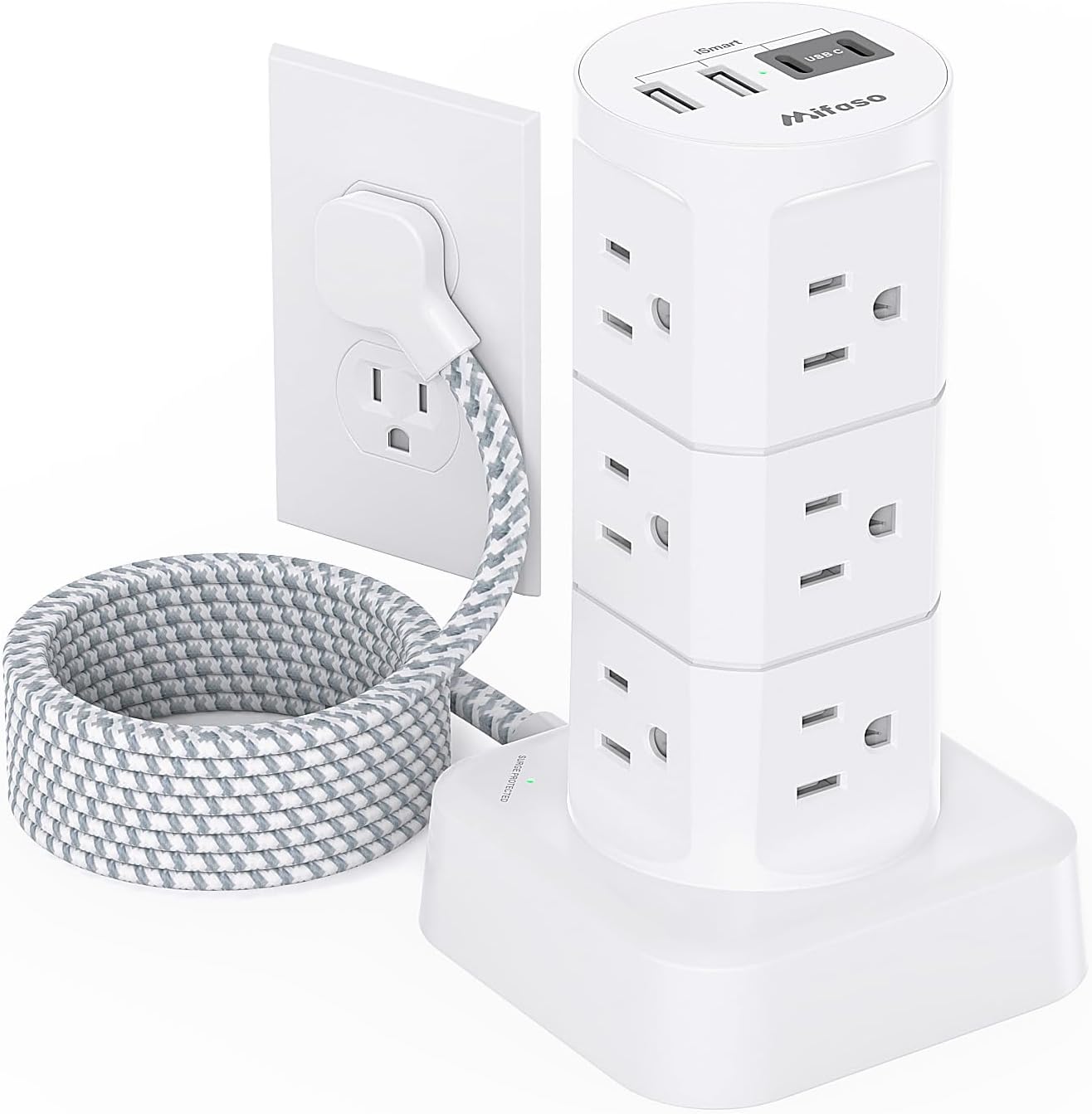 Mifaso PD20W 12 4 1080J 6Ft Power Strip Tower, Charging Station Desk Accessories, Flat Plug, Outlets USB Ports, Surge