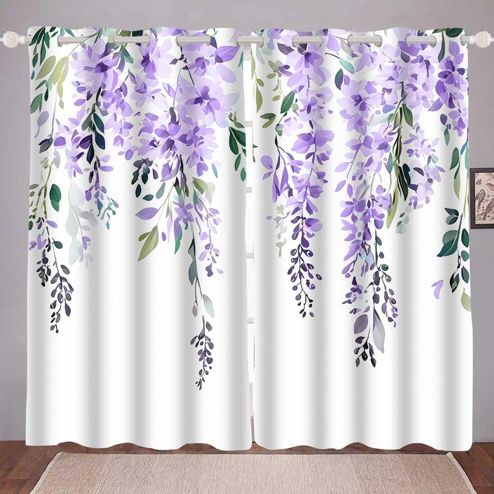 EOTDMS Purple Watercolor Floral Curtains 84 inches Long, Botanical Leaves Vine Wisteria Flowers Rustic Farmhouse Curtains, Blackout Window Treatment Drapes for Bedroom Living Room 52x84inch, 2 Panels