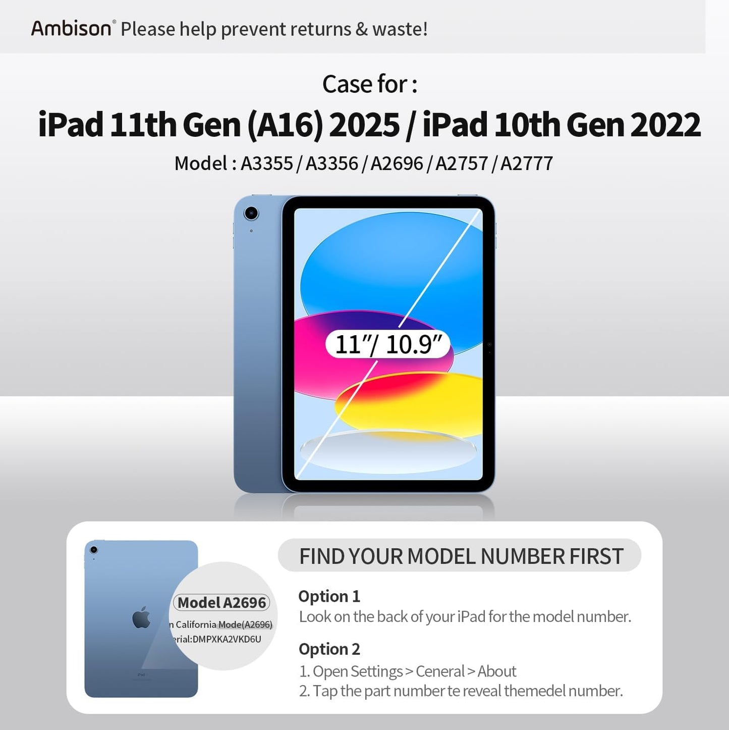Ambison (A16) 11th/10th (2025/2022) 11''/10.9'' 9H Case for iPad Generation for Kids Girls with Tempered Glass Screen
