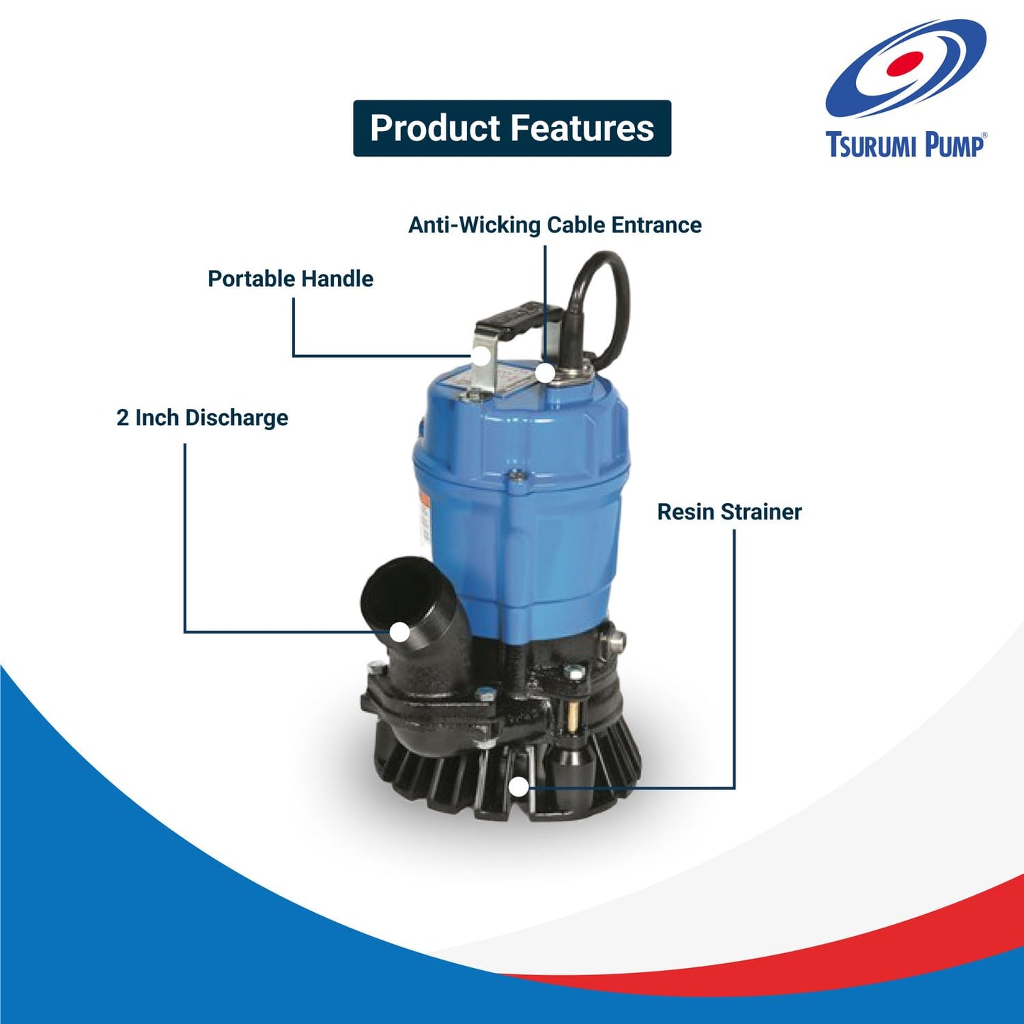 Tsurumi Pump HS2.4S Submersible Trash Pump with Agitator 1/2 HP 115V 2 in Discharge Ideal for dewatering applications with sand, solids, and other debris | 39 GPM / 2340 GPH