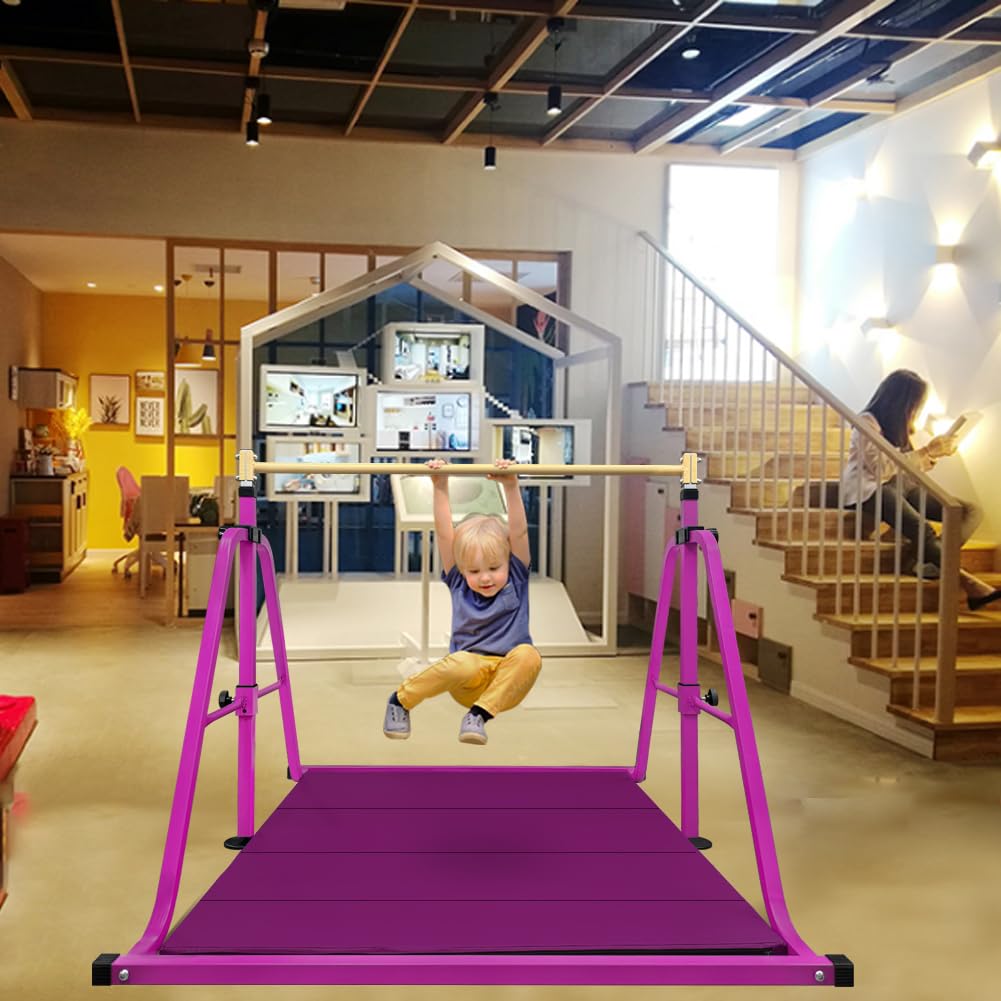 Peakpath Foldable Gymnastics Kip Bar with Mat and Ring Set,3' to 5' Height Adjustable,Kids Gymnastic Equipment for Ages 3-15,Indoor and Home Training- Max Load 350LBS