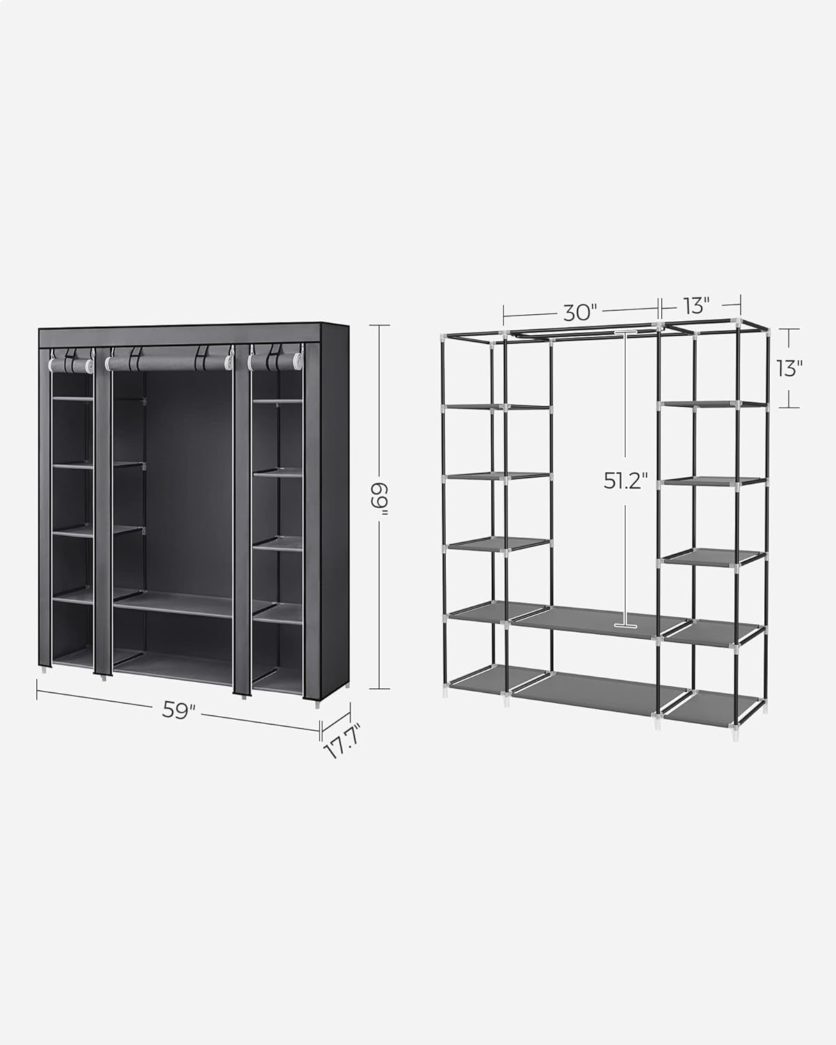 SONGMICS Portable Closet Wardrobe - Non-Woven Fabric Cover Clothes Organizer, 59 x 17.7 x 69 Inches, Gray