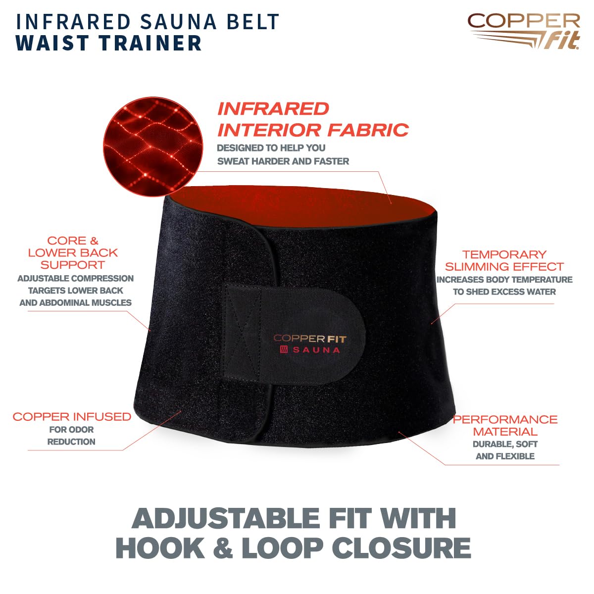 Copper Fit Infrared Sauna Belt – Waist Trainer for Men & Women – Increases Sweat & Supports Core – Adjustable Compression – Copper-Infused (Black, LXL)