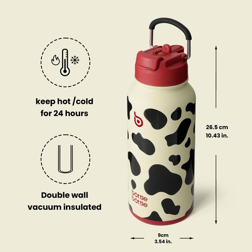 BOTTLE BOTTLE 32 oz Insulated Water Bottle Stainless Steel Sport Water Bottle with Straw Dual-use Lid Design for Gym with Pill Box (cow)