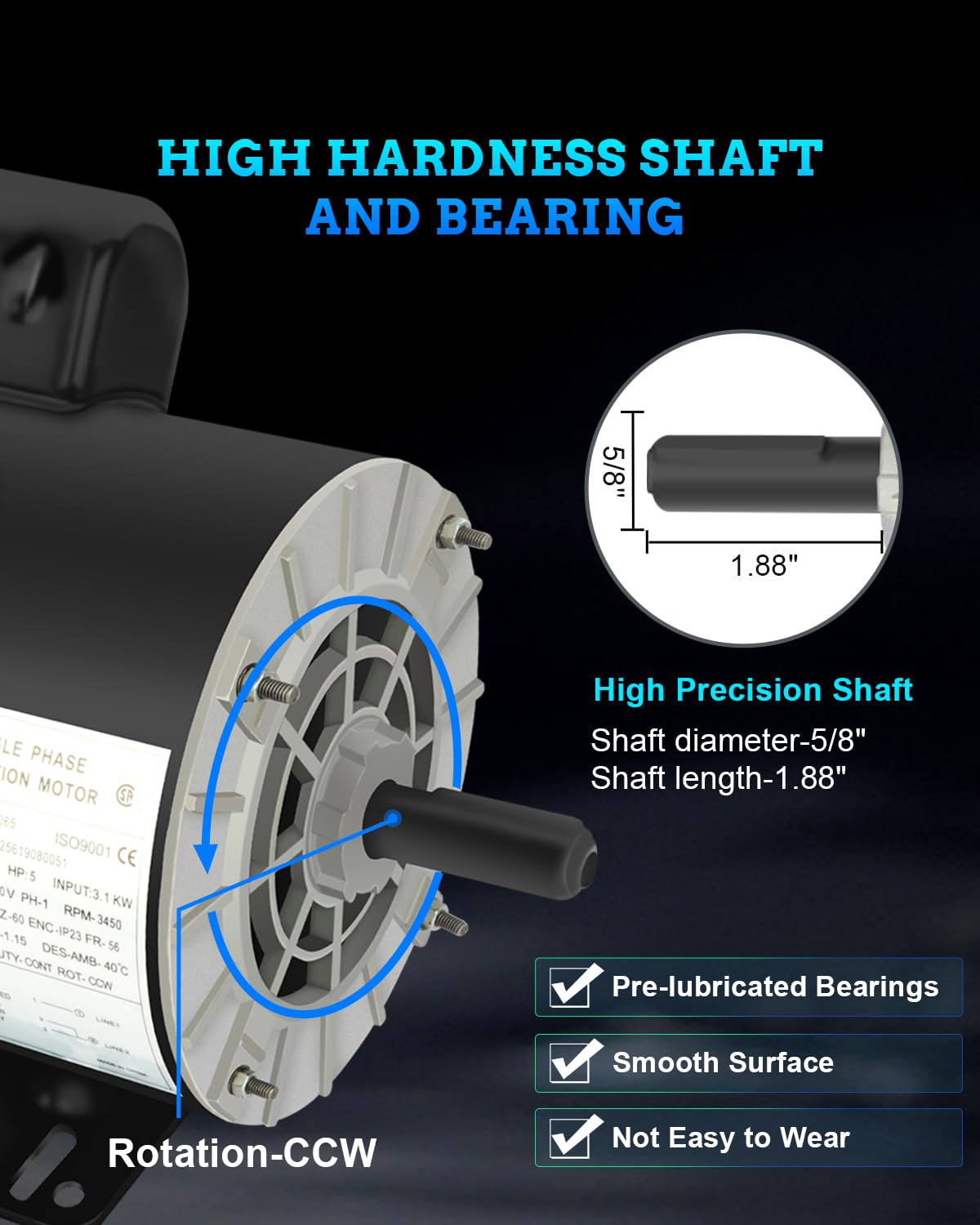 Air Compressor Motor, 5 HP SPL Single Phase Electric Motor 3450RPM 56 Frame 208-230V 5/8" Shaft Diameter ODP CCW Rolled Steel Shell