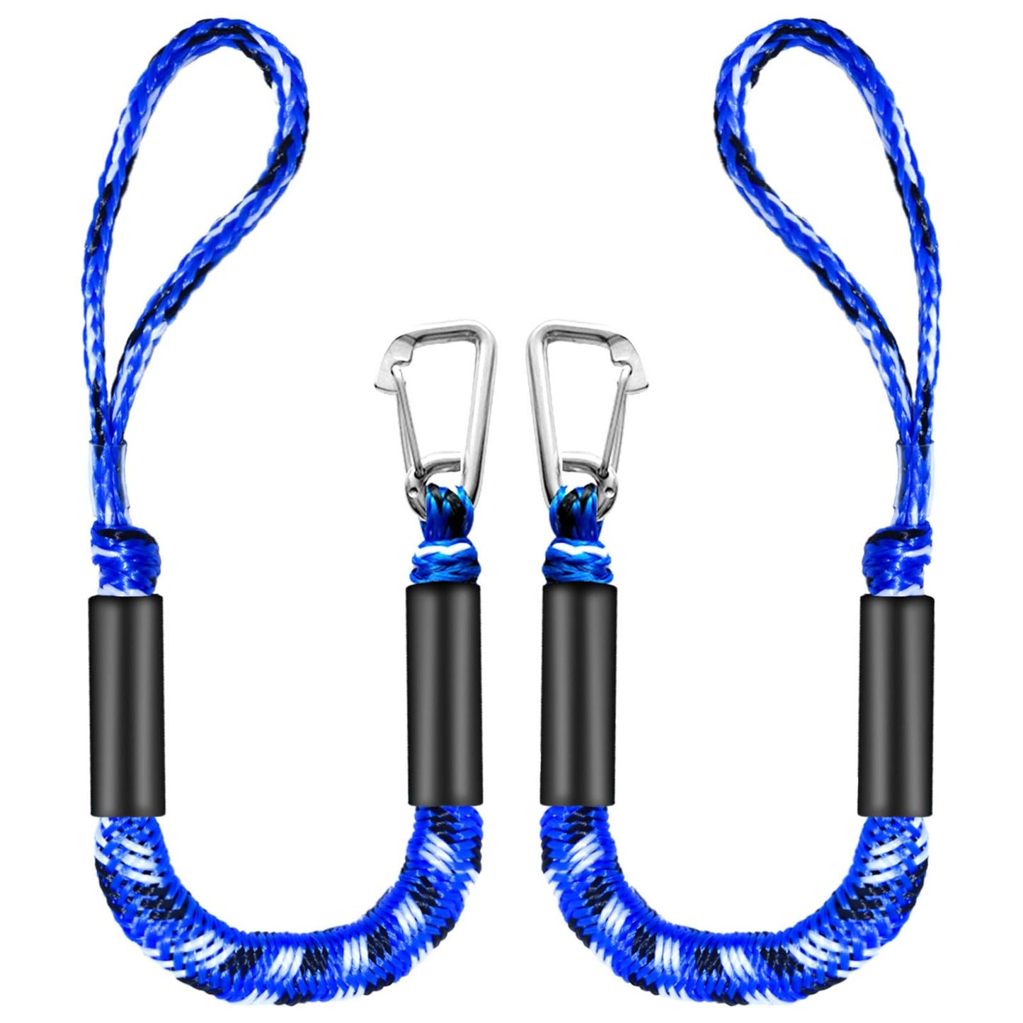 ZRSCHYG Bungee Dock Lines for Boats 2FT, Boat Tie Downs for Dock with Hooks, Elastic Dock Ties for Small Boat Jet Ski Kayak Mooring (2 Foot, 2-Pack, Blue,Black&White)
