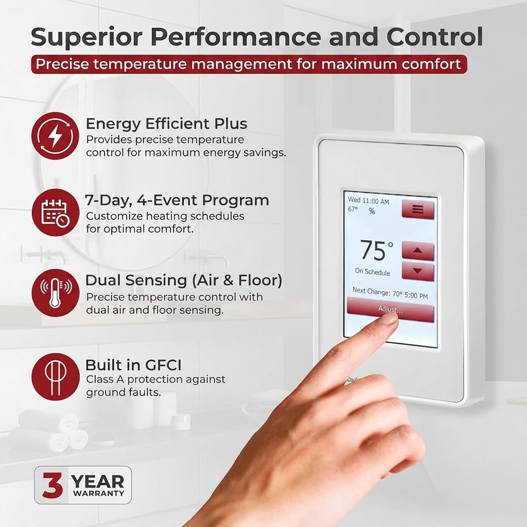 Warming Systems Electric Radiant Floor Heating Thermostat, Touch Screen Programmable Thermostat with GFCI, 120V or 240V, with Intuitive Screen Interface, UDG4-4999, Includes Floor Sensor