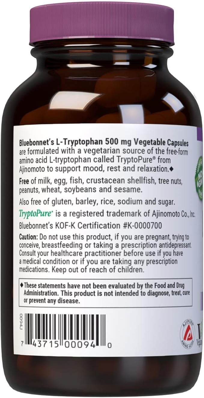 Bluebonnet Nutrition L-Trypotophan 500mg, for Neurotransmitting Support*, Supports Positive Mood*, Soy-Free, Gluten-Free, Non-GMO, Kosher Certified, Vegan, White 60 Vegetable Capsules, 60 Servings