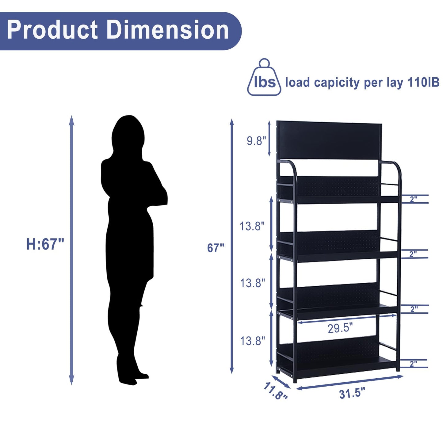 BFECGDXT 4-Tier Retail Display Racks, Metal Display Shelving, Heavy-Duty Standing Shelves for Supermarkets, Garages, Stores, Warehouses, Home & Kitchen, 31.4" W x 67" H