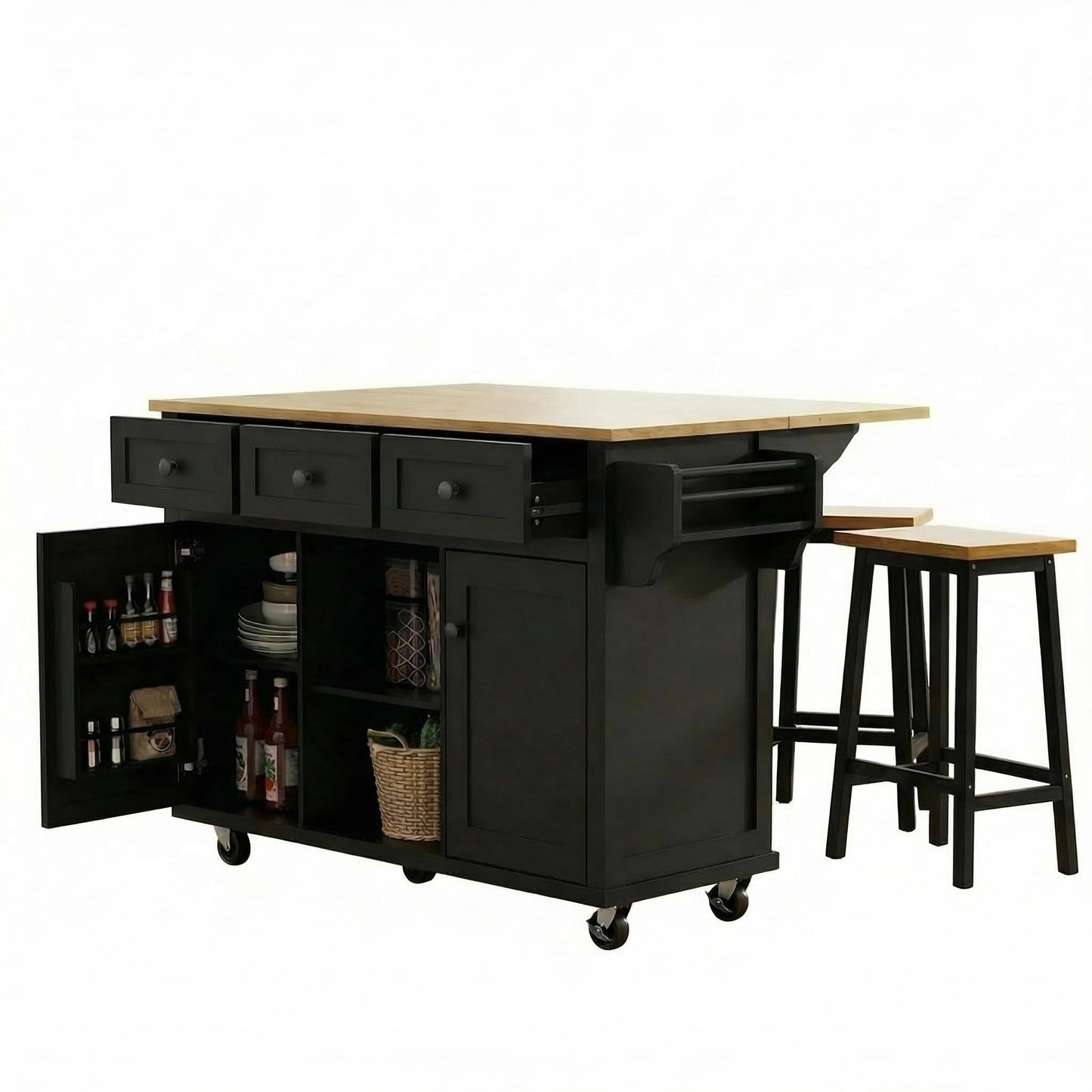 Waully 53'' Mobile Kitchen Island with Seating, Rolling Kitchen Island with Storage and Drop Leaf, 3 Drawers Islands Cart Rubberwood Top, 2 Open Shelves, Isla para Cocina, Black + 2 StooIs