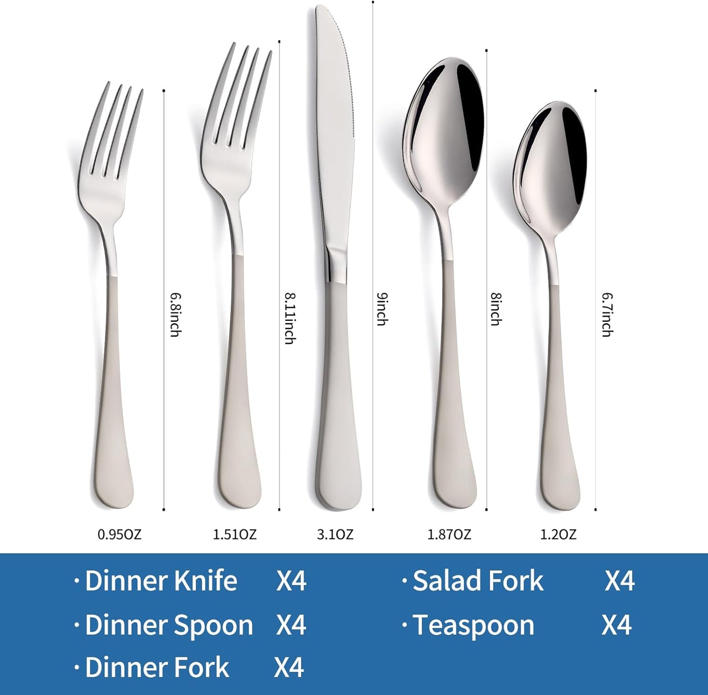 Skiennix 20-Piece Off White Silverware Set - Modern 18/0 Stainless Steel Flatware for 4 | Dishwasher Safe