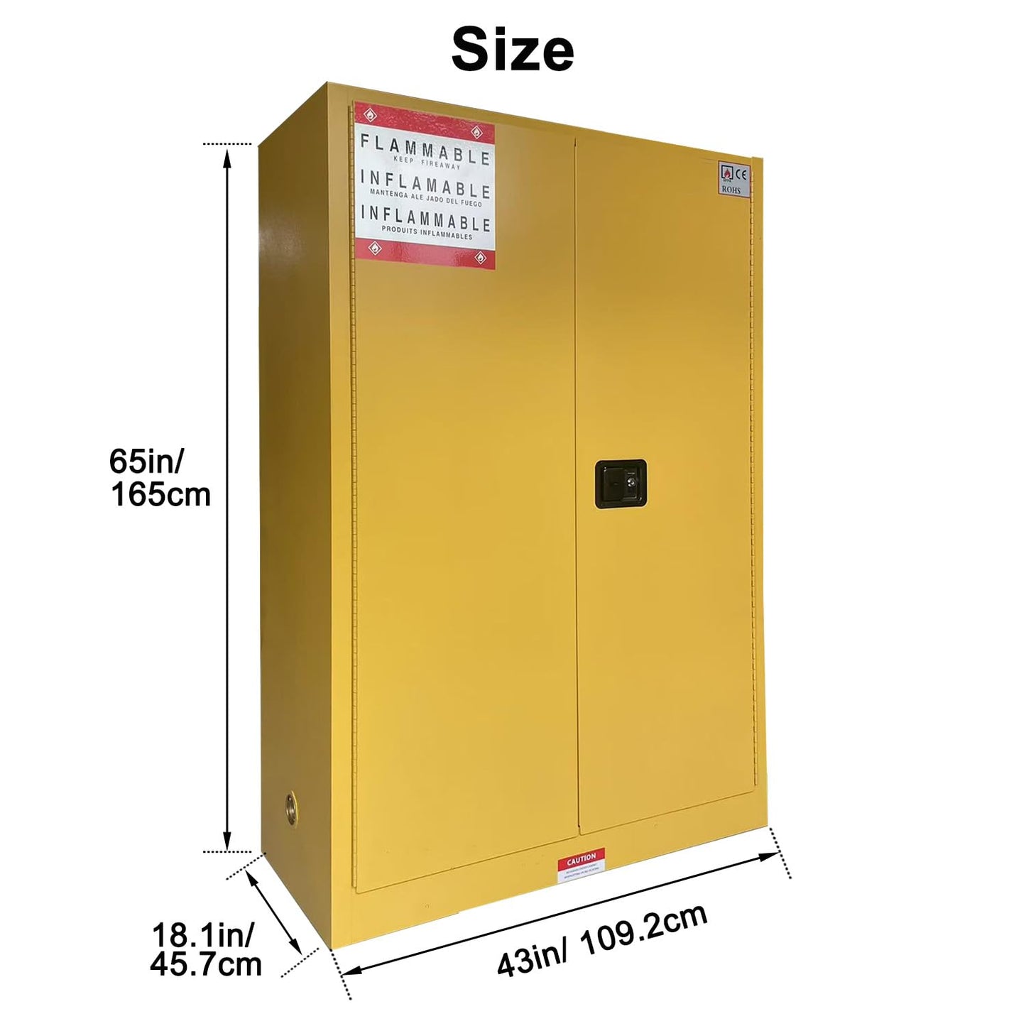 43" x 18" x 65" Steel Flammable Liquid Cabinet, Industry Safety Storage, 45 Gal Flammable Safety Cabinets with 2 Adjustable Shelves 2 Manual Doors for Industrial Use, Yellow, Cold Rolled Steel