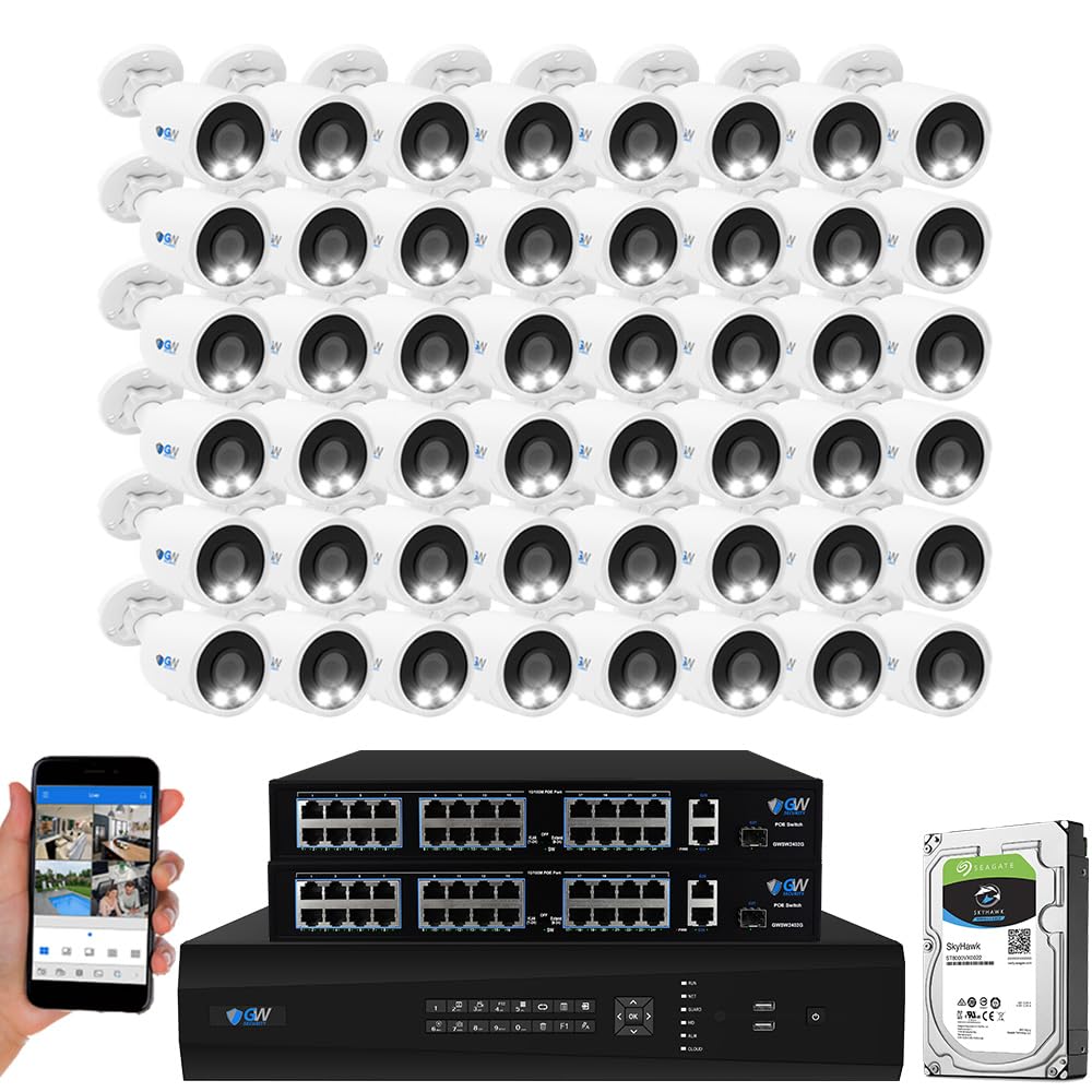 GW 4K Outdoor Indoor Face Recognition/Human/Vehicle Detection Business Security Camera System, 64 Channel Commercial 12MP NVR, 48 x 4K Smart AI IP Microphone Bullet Camera, 24TB Pre-Installed HDD