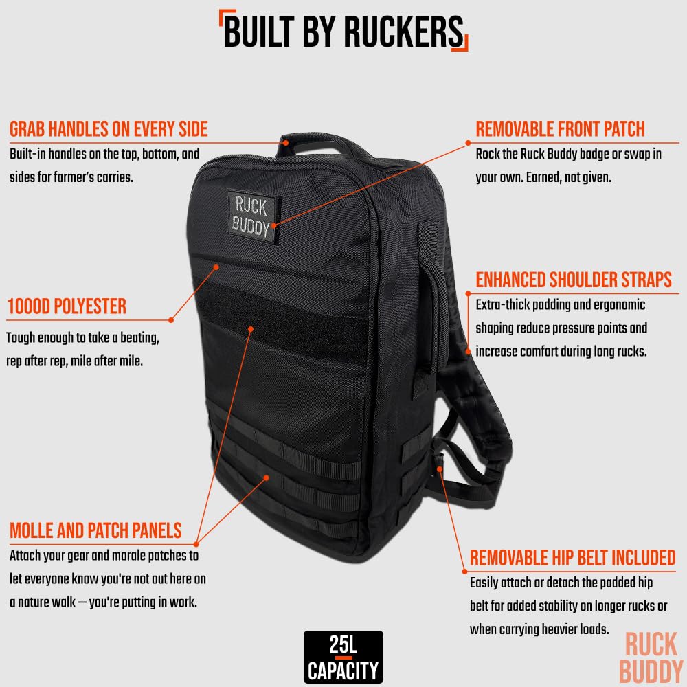 RuckBuddy Weighted Rucking Backpack - 25L Tactical Rucksack with Weight Plate Pockets, Removable Hip Belt, and Padded Shoulder Straps for Rucking and Training