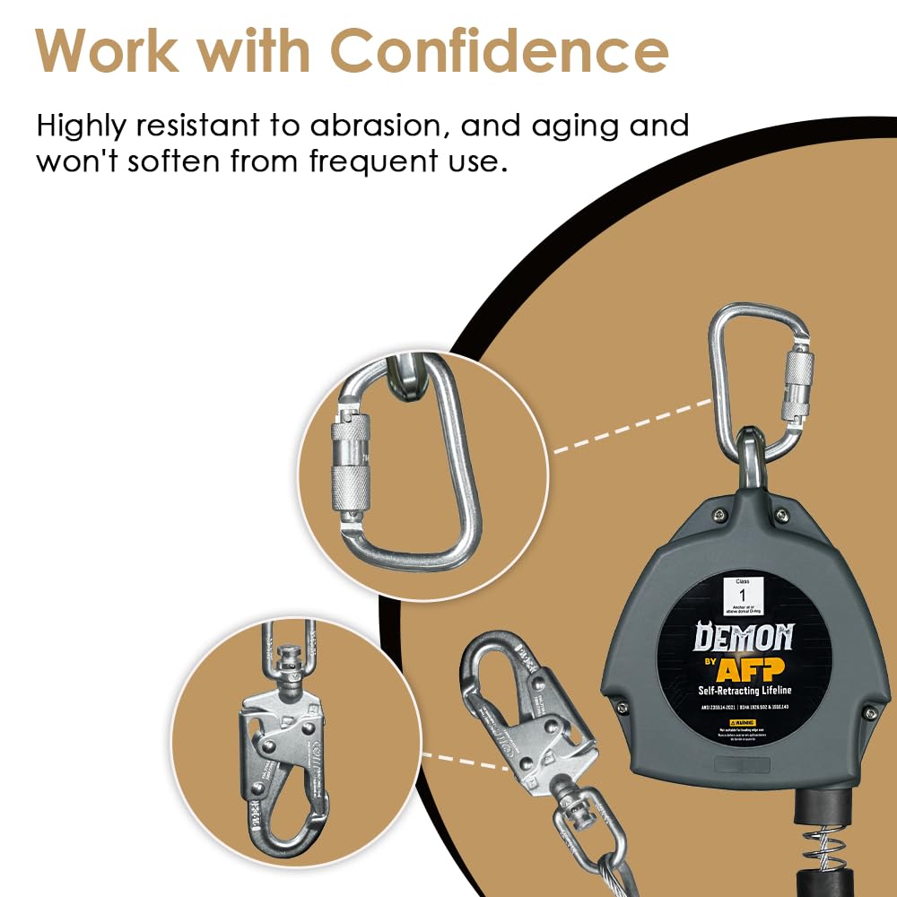 AFP Demon 30 FT Single Leg Self-Retracting Lifeline Cable Retractable | Steel Locking Snap Hook | Safety Yoyo | Fall Protection Arrest Limiter | Construction Industrial | OSHA & ANSI Rated SRL