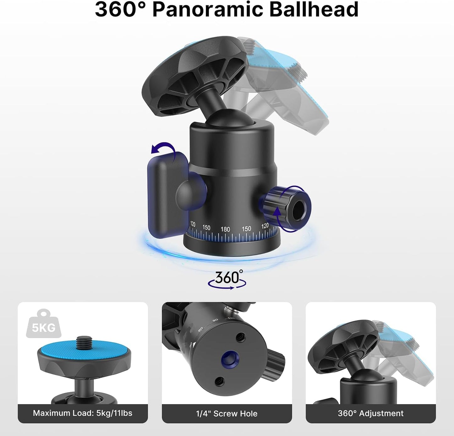 rubesee 1/4" 360 5.5lbs Mini Ball Head, Panoramic Camera Tripod Head with Screw Shoe Mount, Rotatable Metal Adapter