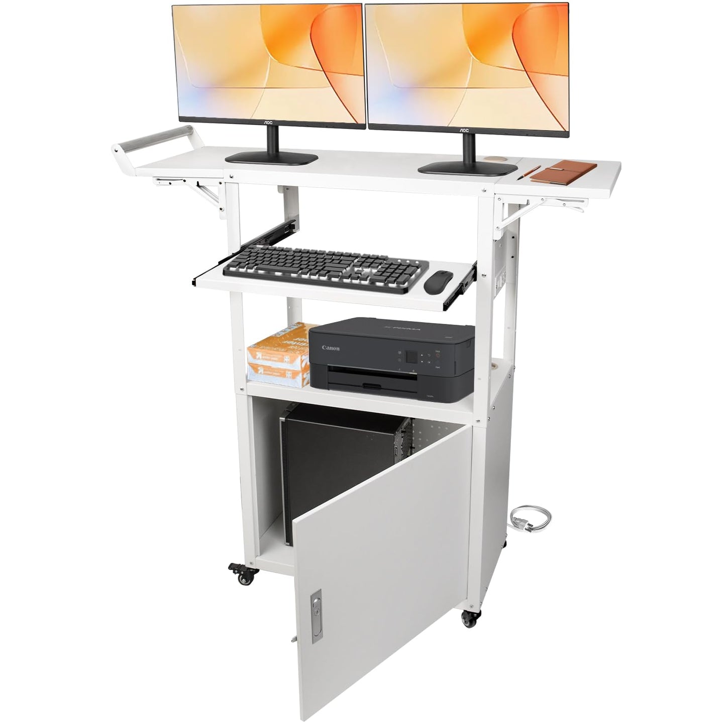 Large Steel AV Cart with Wheels and Drop Leaves, Height Adjustable AV Cart with Locking Cabinet and Power Strips, Rolling Computer Workstation with Pullout Keyboard Tray for Office & Classroom