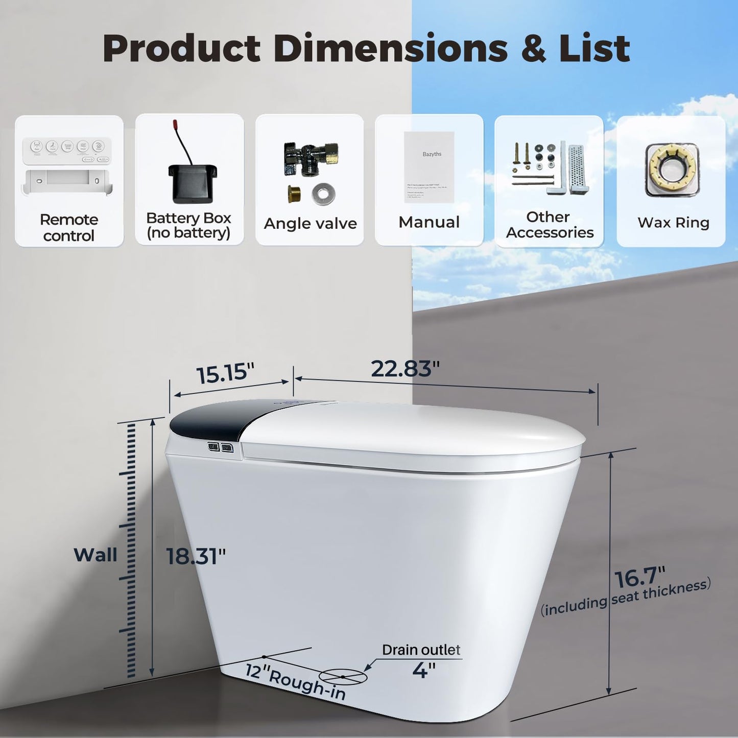 Bazyths Smart Compact Toilet for Small Bathroom, 23" Depth Shallow Toilet with Foam Shield Auto Open/Close Lid, 12" Rough In, Built-in Tank, Heated Seat Foot Sensor Flush One-Piece (ZY695A Mini)