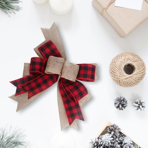 CREATCABIN Christmas Plaid Bow - 9.8 x 8.5 Inch Burlap Ornament for Wreaths, Garlands & Holiday Decor