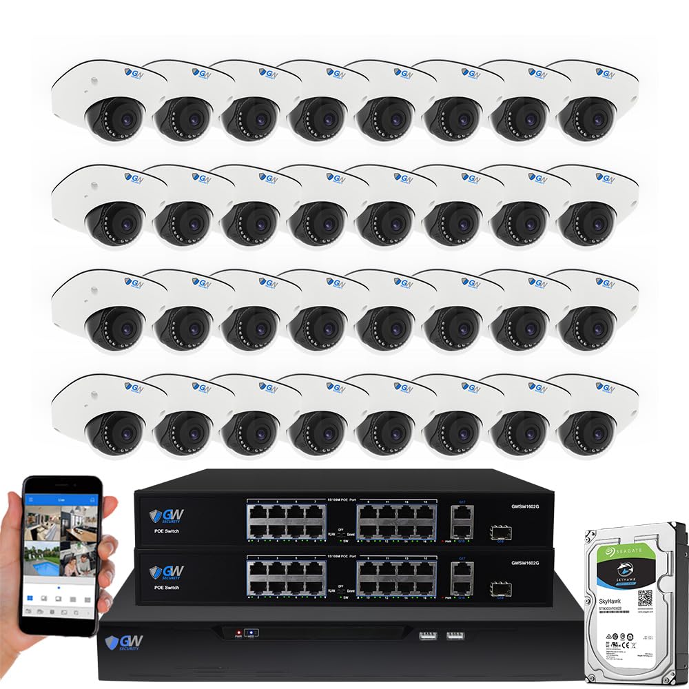 GW Security 32 Channel NVR UltraHD 4K Face Recognition NDAA & TAA Compliant Security Camera System with 32 x 8MP @25FPS Outdoor & Indoor PoE Dome Cameras, 10 Smart AI Functions